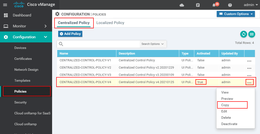 Copy the existing Control Policy